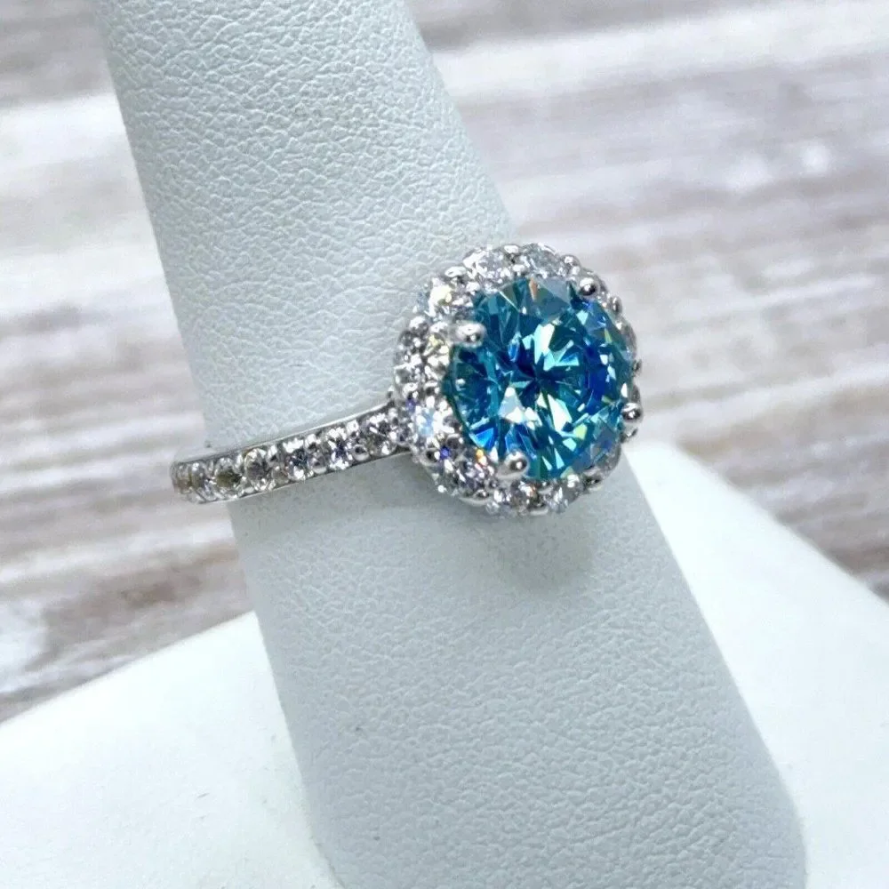 Sterling Silver Ring Sky Blue CZ Faceted Solitaire Halo Clear CZ Size 7.75 Prong - Picture 9 of 14